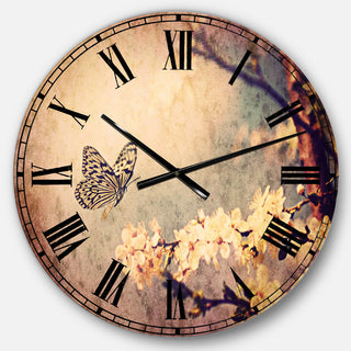 Vintage Butterfly and Cherry Tree Floral Round Wall Clock, 23x23