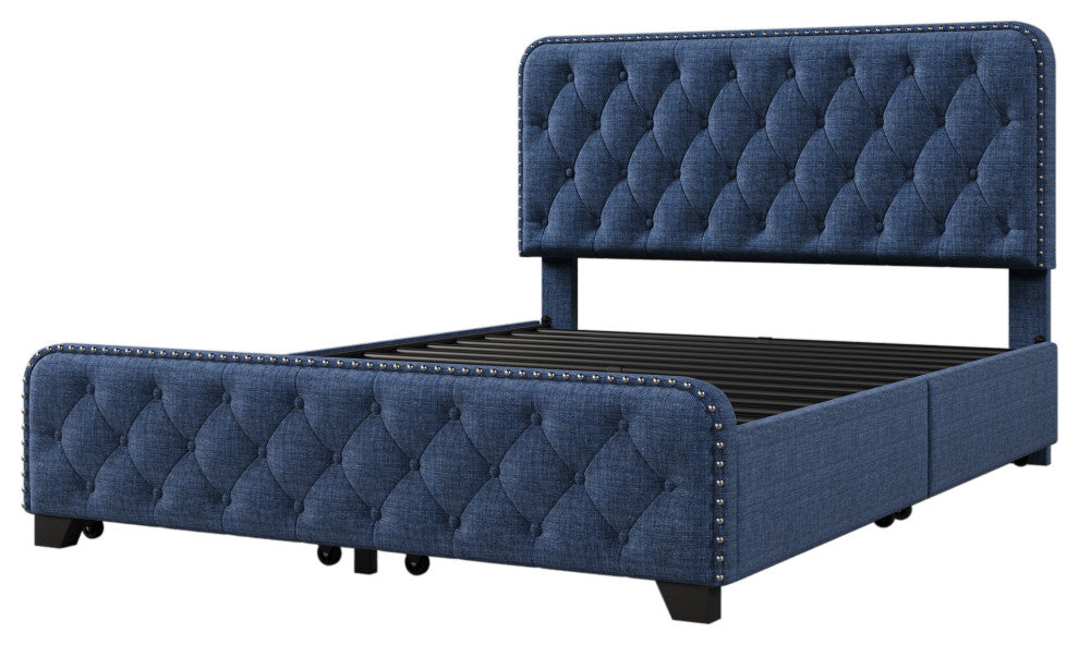 Metal Platform Bed with Headboard, Upholstered and 4-Drawer, Blue, 78.7" X 58.3"