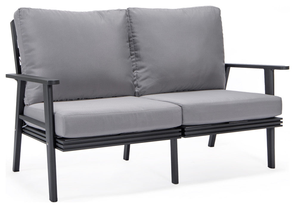 Leisuremod Walbrooke Patio Loveseat With Black Aluminum Frame, Gray