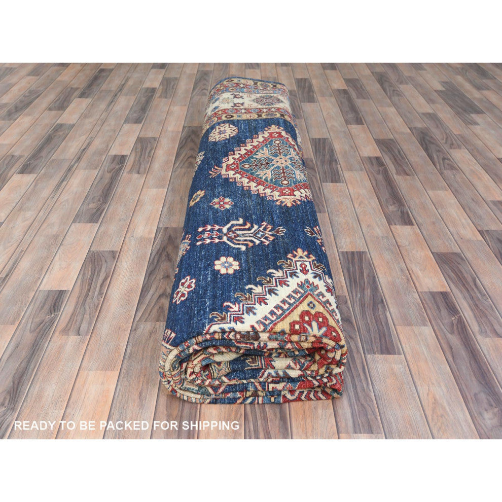 Blue, Afghan Super Kazak, Wool, Hand Knotted, Rectangle Rug, 12'x15'9"