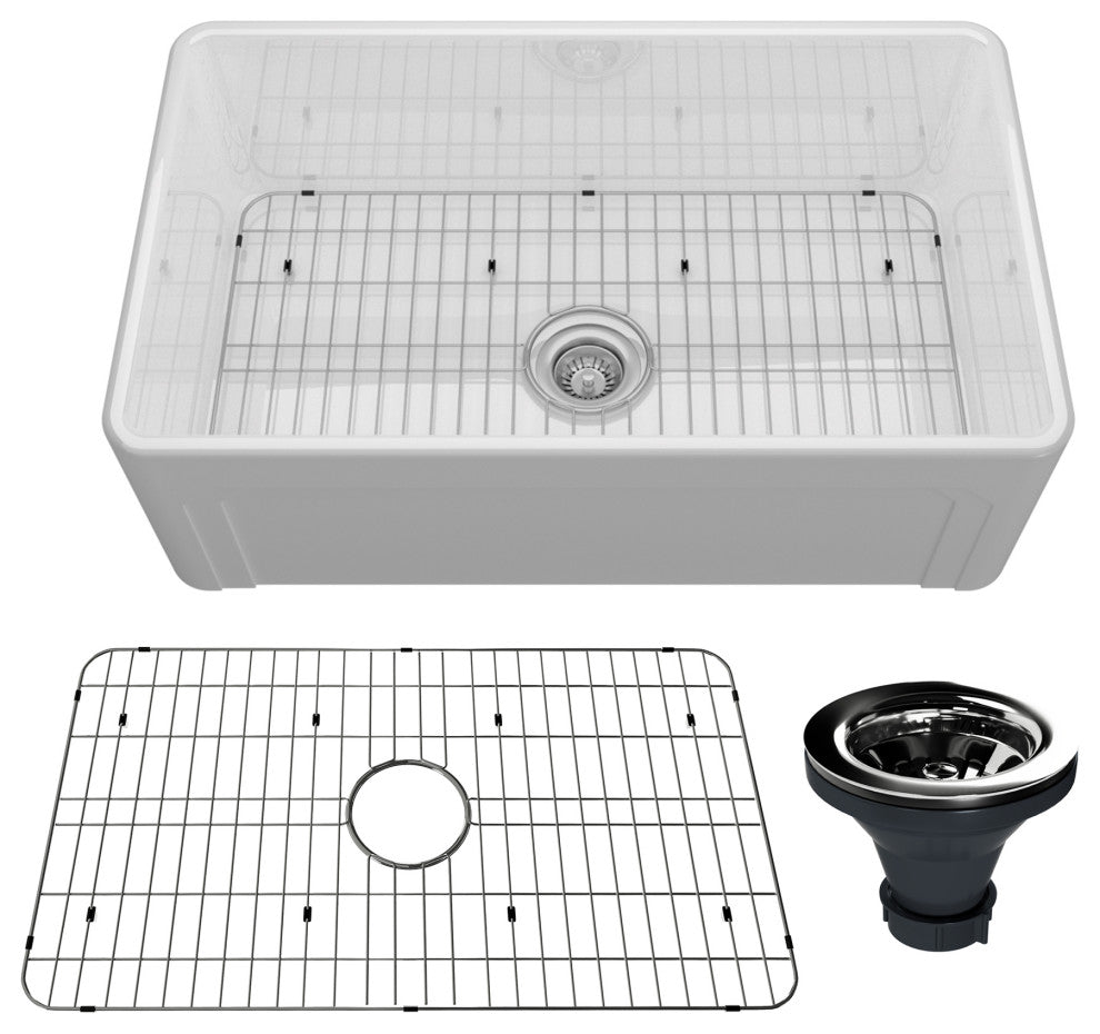 30in Single Bowl Farmhouse Apron Kitchen Sink with Bottom Grid and Strainers, 30