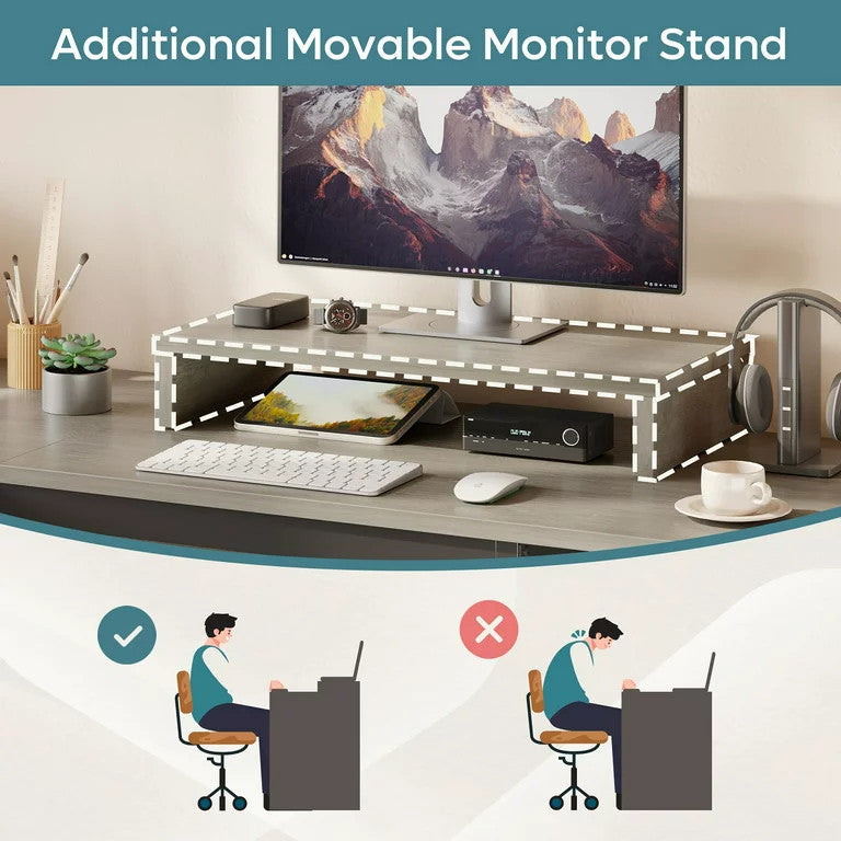 L-Shaped Desk, Large Worktop With Monitor Stand & Lift Up Portion, Gray