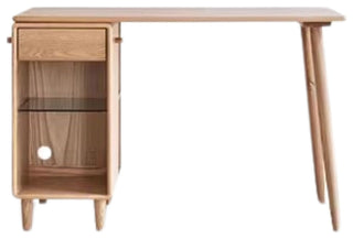 Oak Solid Wood Office Desk, Natural Wood, 35.4x22x29.5", + Cabinet