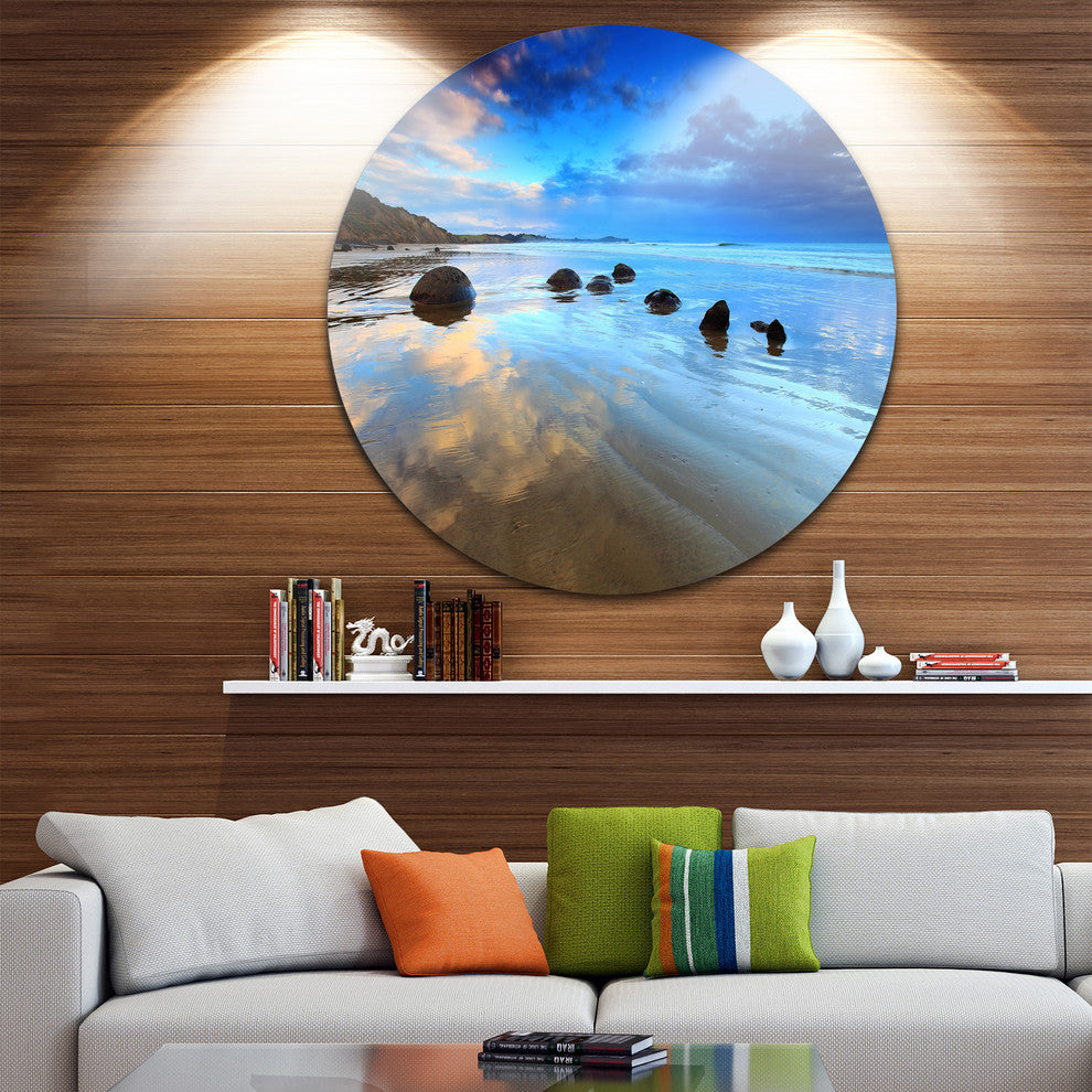 Cloudy Sky Over Moeraki Boulders, Seashore Disc Metal Wall Art, 23"