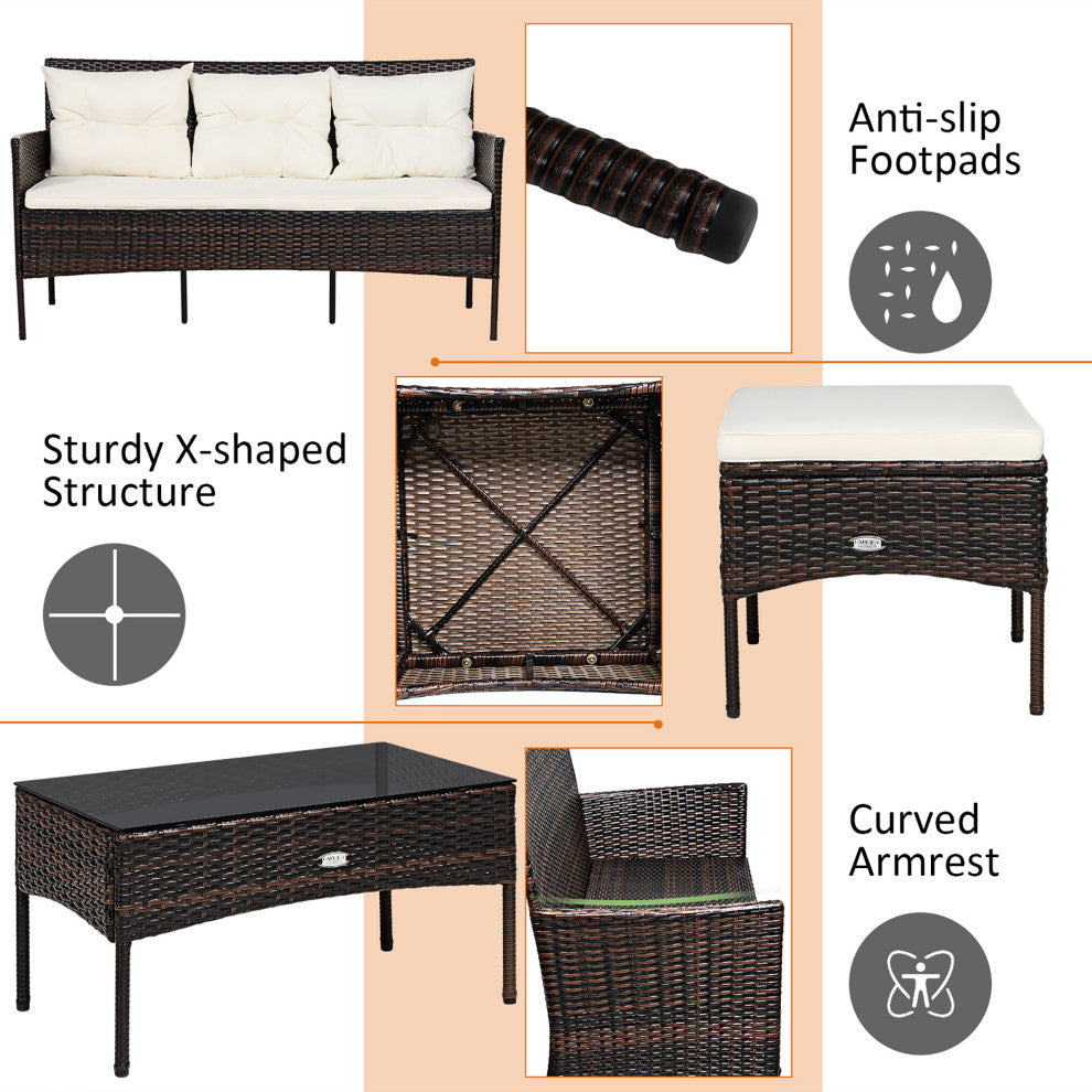 Costway 3PCS Patio Rattan Furniture Set 3-Seat Sofa Cushioned Table Garden