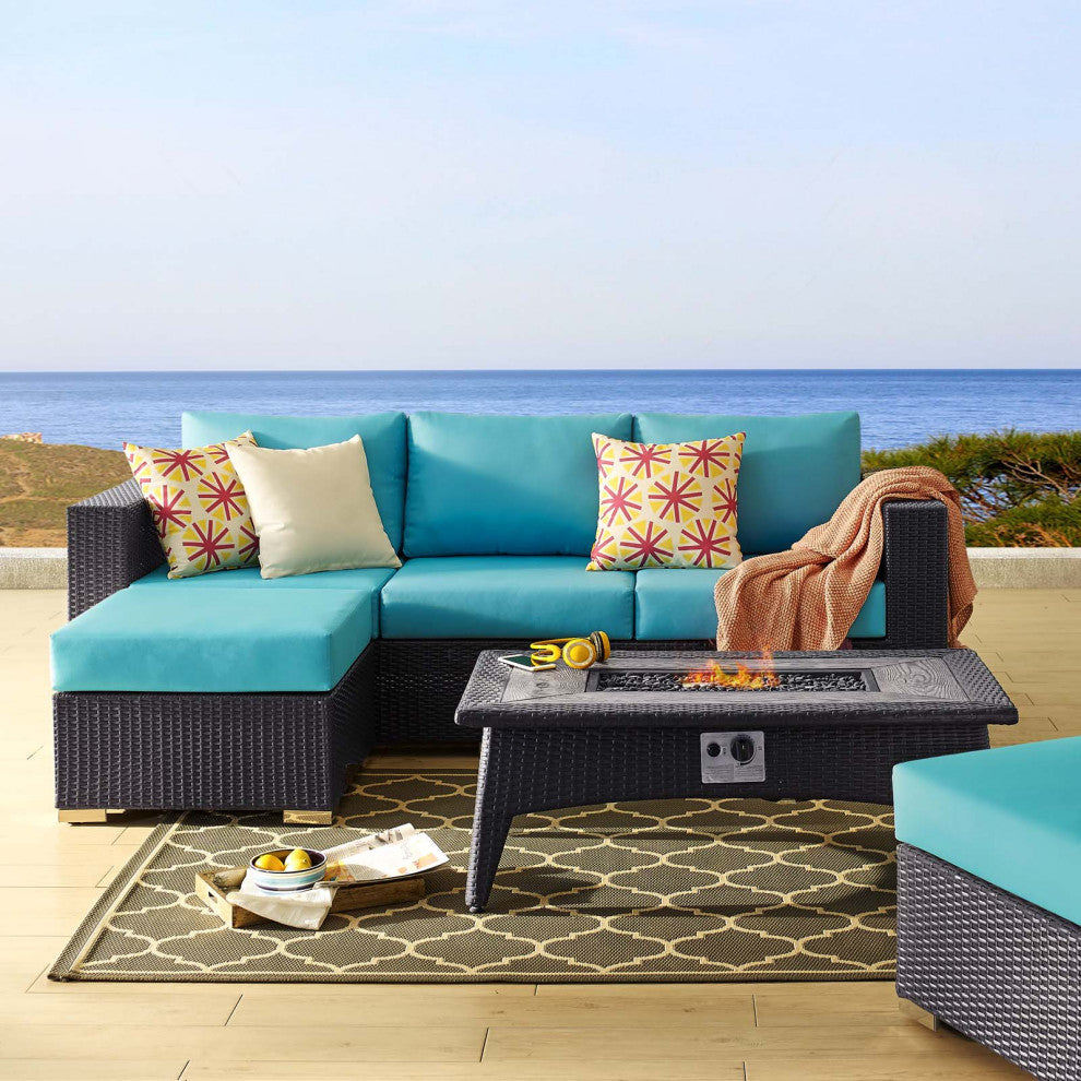 Modern Outdoor Sofa, Chair and Coffee Table Fire Pit Set, Fabric Rattan, Blue
