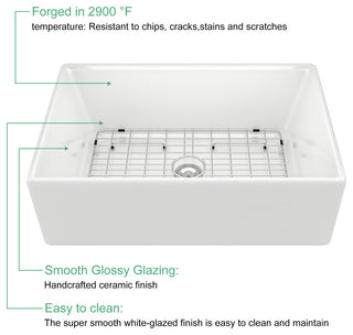 White Ceramic Kitchen Sink Single Bowl Porcelain Basin, 30"x20"x10"