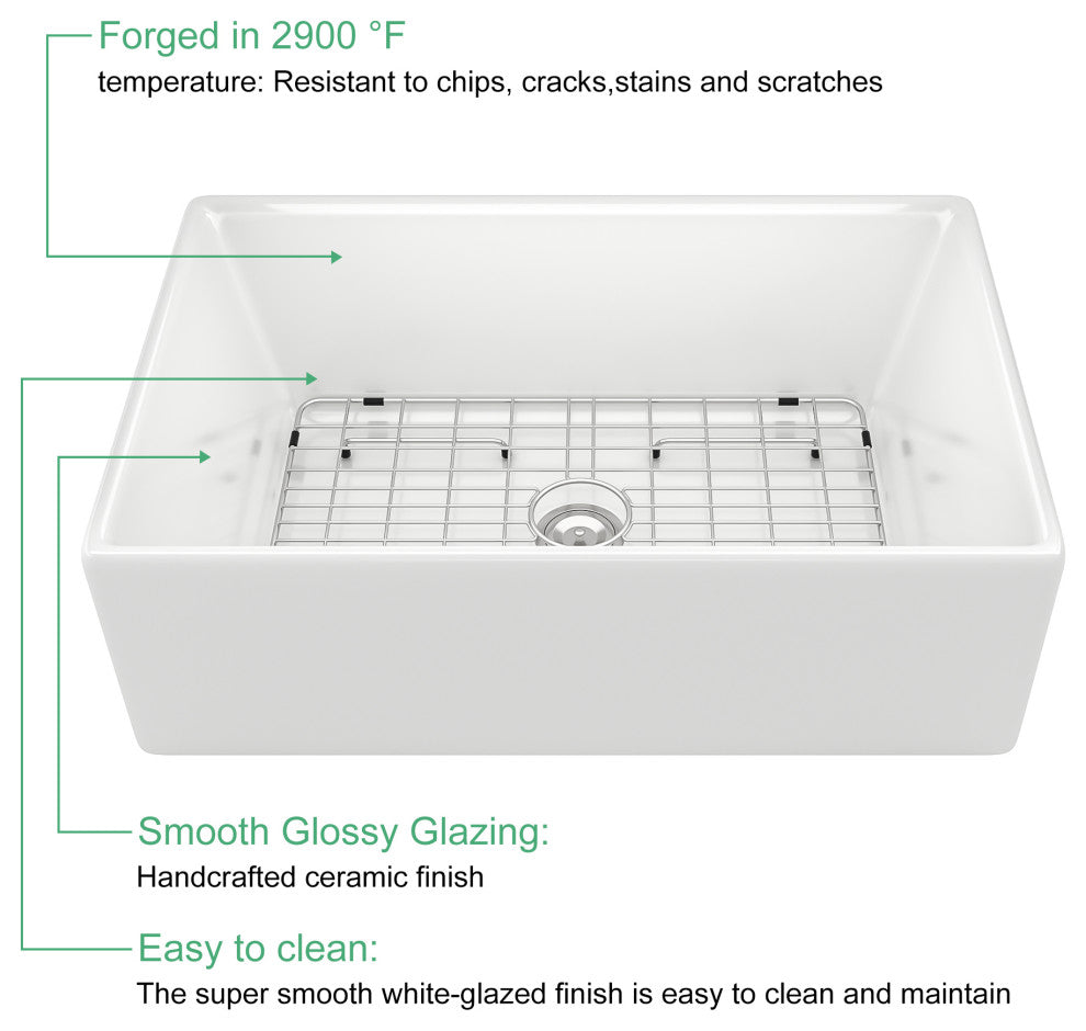 White Ceramic Kitchen Sink Single Bowl Porcelain Basin, 30"x20"x10"