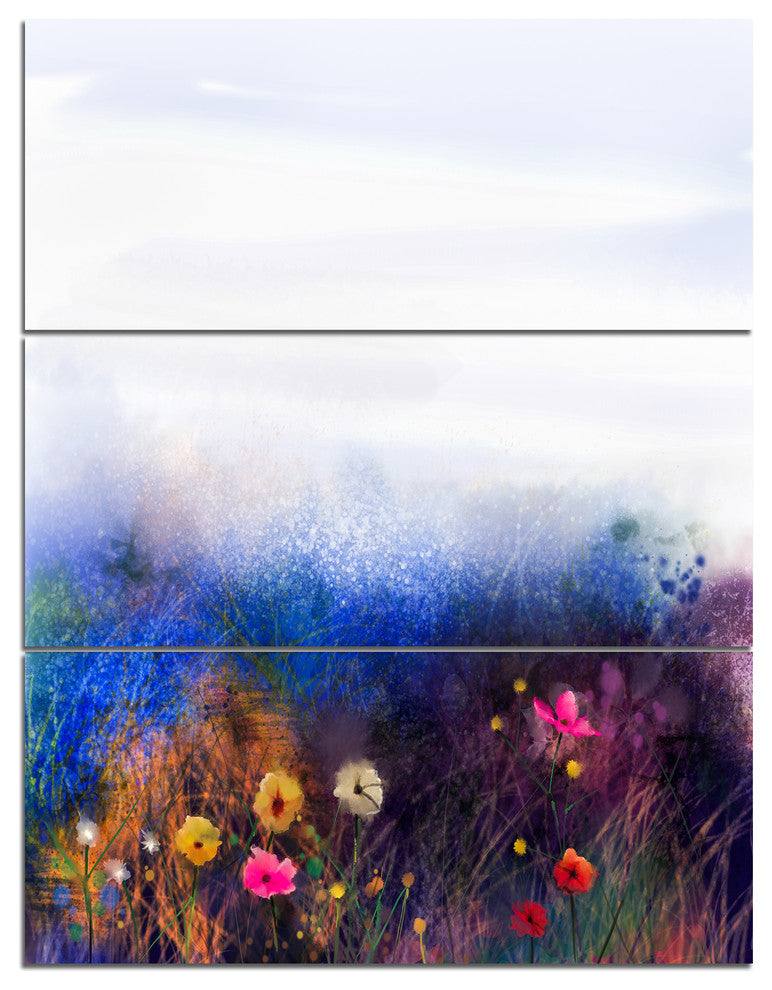 Watercolor Painting Flower in Meadow, Floral Canvas Art Print, 28x36, 3 Panels