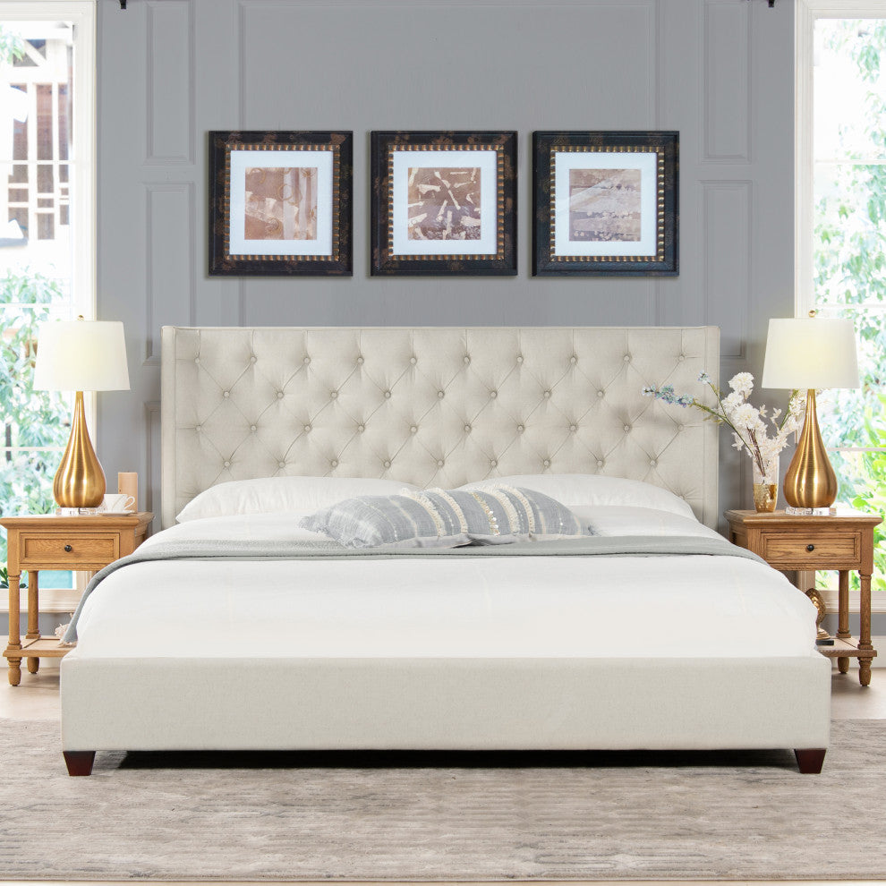 Manhattan Shelter King Platform Bed Frame, Light Beige Linen