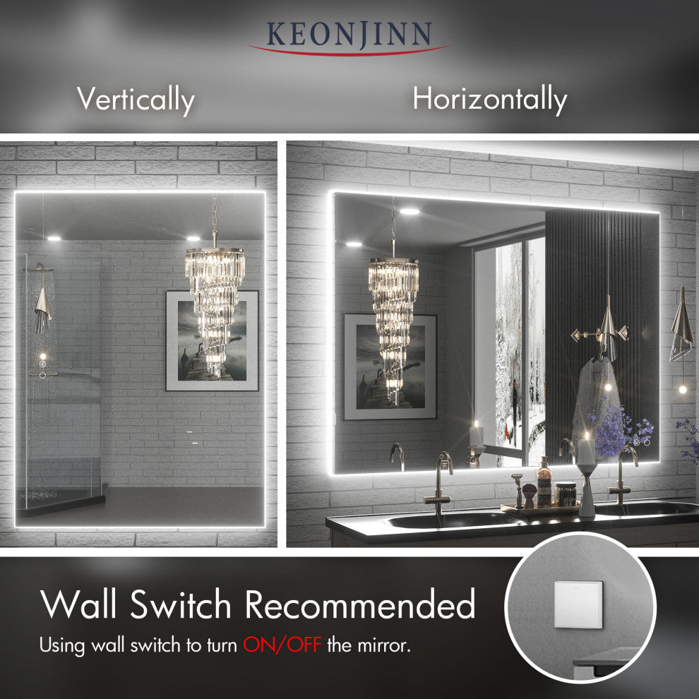 Backlit LED Mirror for Bathroom, Anti-Fog Dimmable, Silver, 40x32