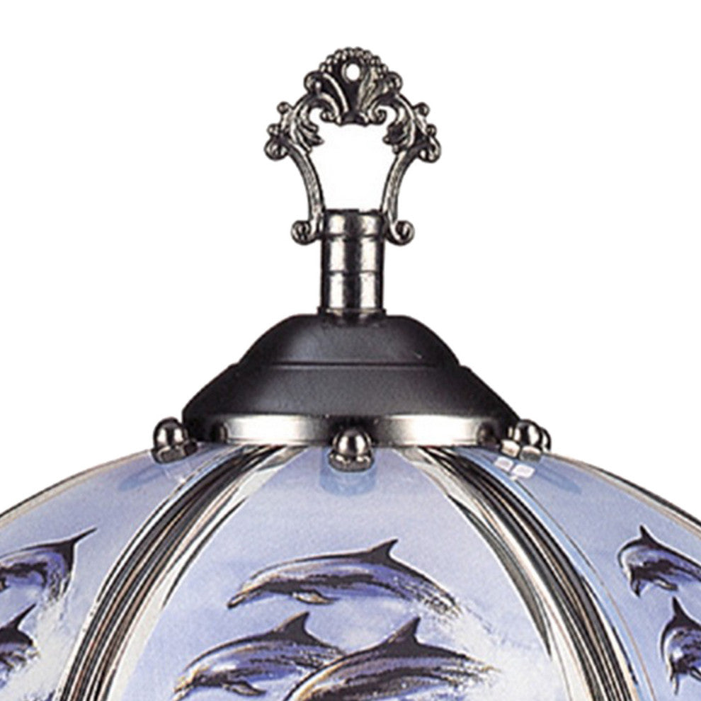 Benzara BM240942 Umbrella Shade Glass Table Lamp Dolphin Print Silver