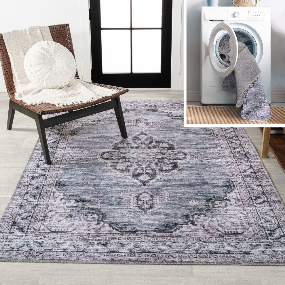 Wincer Chenille Cottage Medallion Washable Rug, Navy/Gray/Black, 5 X 8
