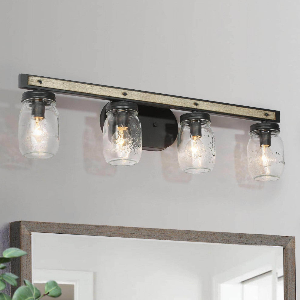 LNC Farmhouse  4-Light Black Bathroom Vanity Light With Mason Jar Glass