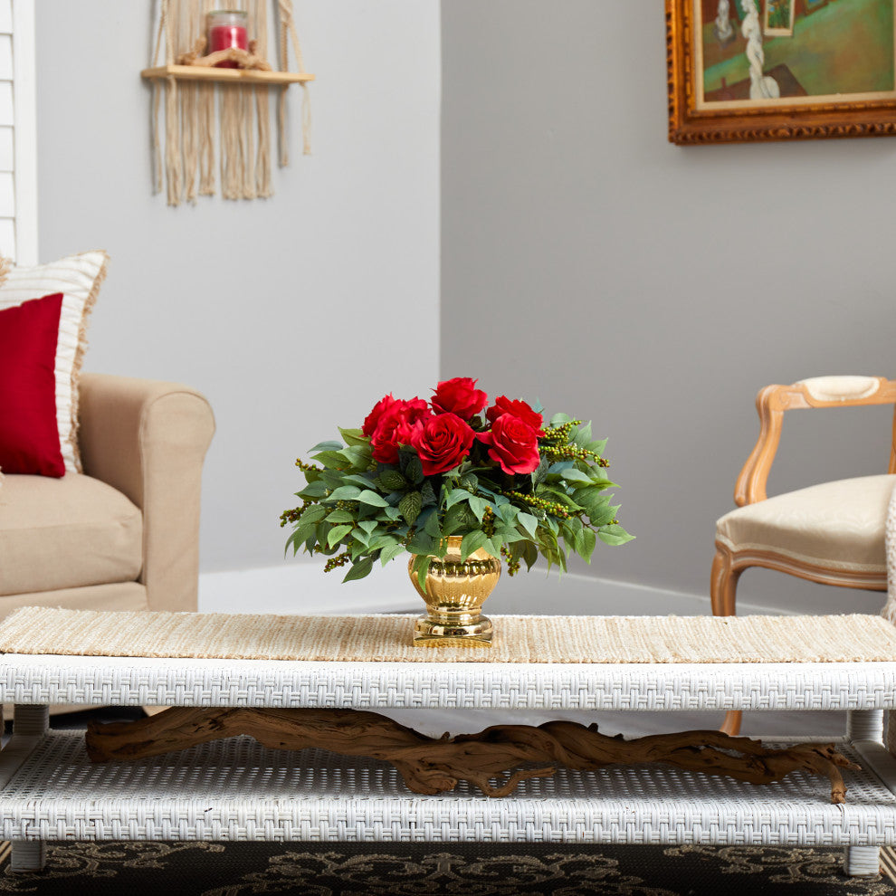 14" Rose Artificial Arrangement, Gold Urn