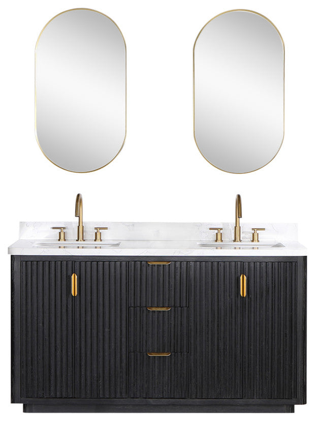 Vinnova Cadiz Bath Vanity, Composite Stone Top, Black, 60", With Mirror