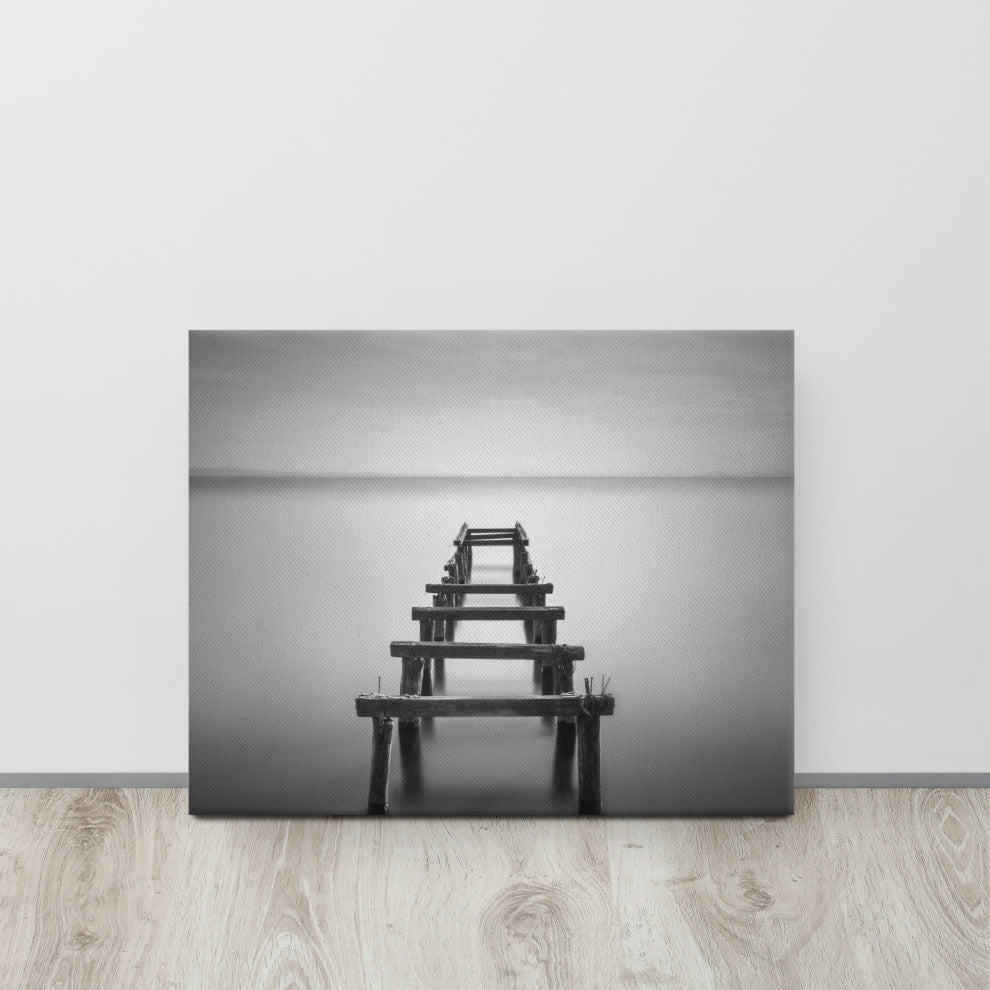 Soft Lake and Abandoned Pier Black and White Landscape Photo Canvas Art Print, 16" X 20"