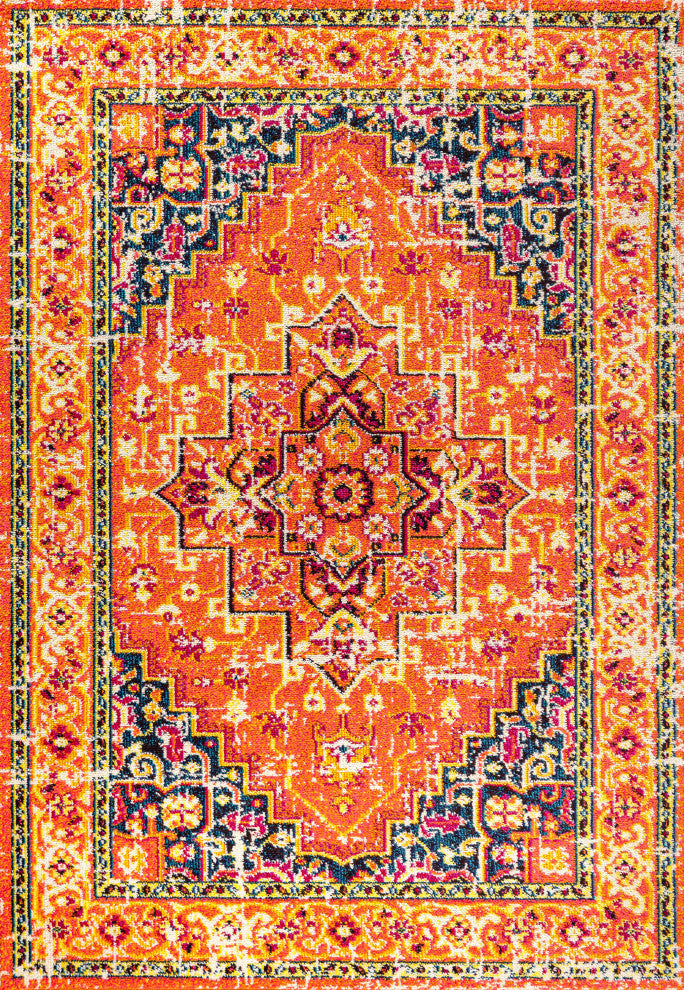 Brooklyn Geometric Medallion Area Rug, Orange/Blue, 3 X 5