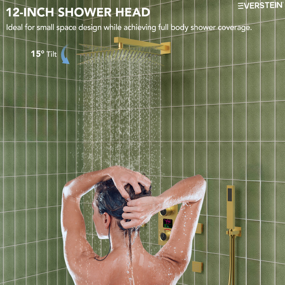 LED Temperature Digital Display Shower System With Body Jets, Brushed Gold, 12 Inches
