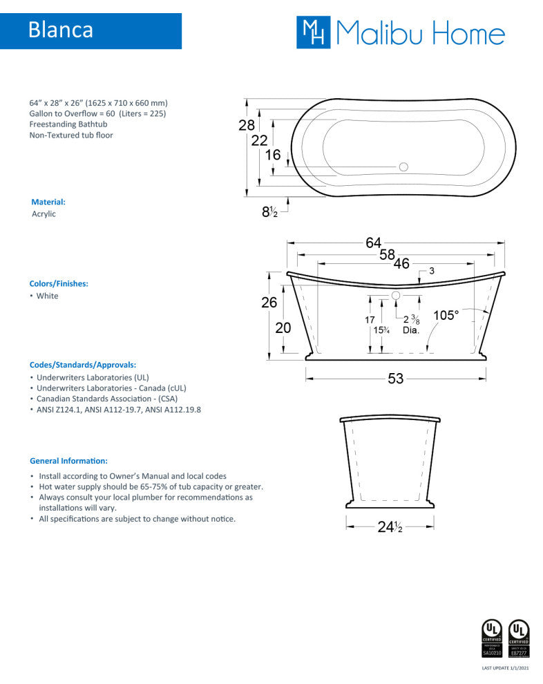 Malibu Blanca Oval Soaking Bathtub 64x28x26 White