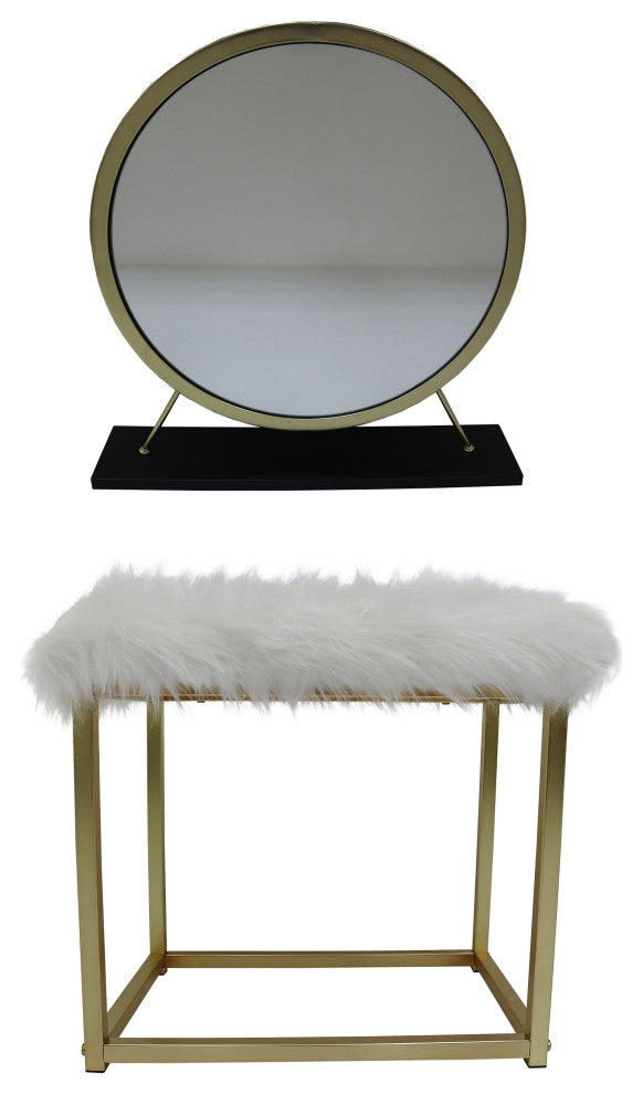 ACME Adao Vanity Mirror and Stool, Faux Fur, Mirror, Black and Brass Finish