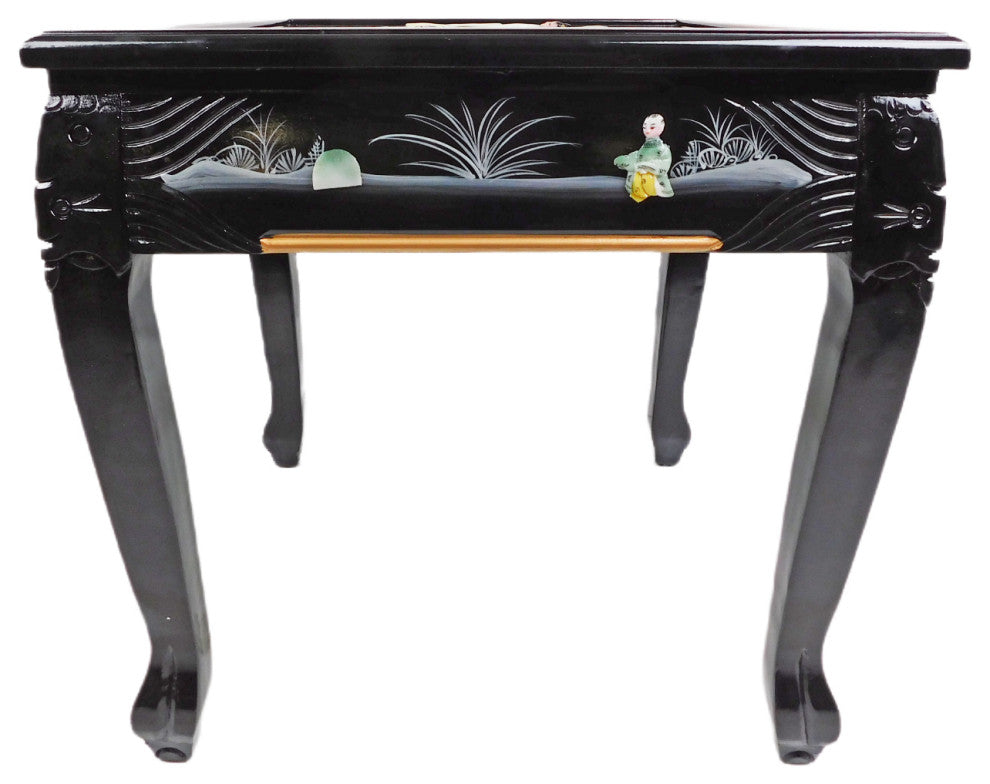 Dragon Leg Oriental End Table Inlaid Pearl, Black Lacquer