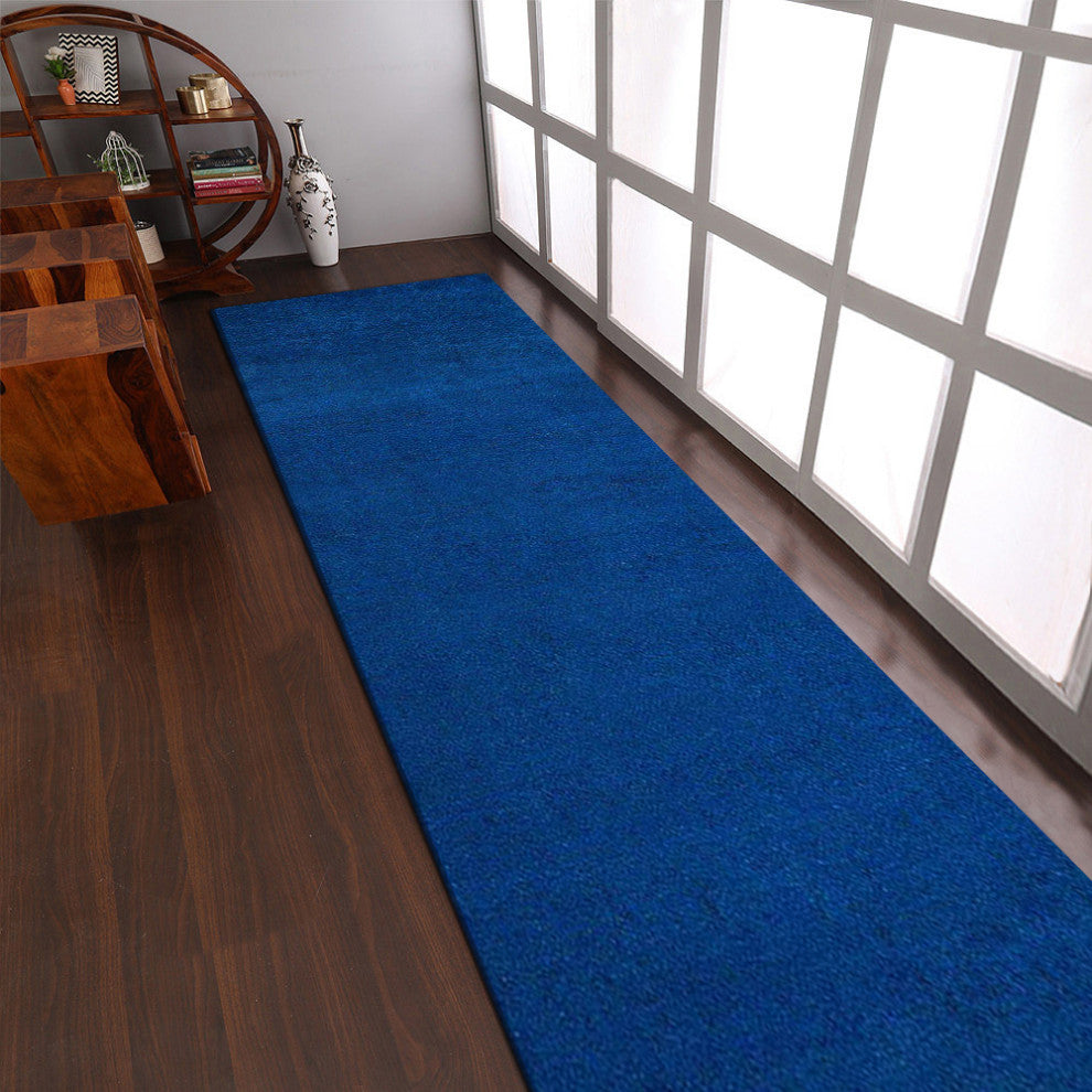 Hand Knotted Loom Silk Mix Area Rug Solid Dark Blue
