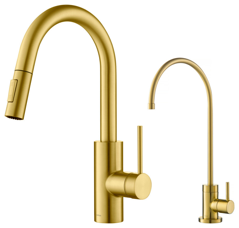 Oletto Pull-Down 1-Hole Kitchen Faucet, Brushed Brass, Water Dispenser Ff-100