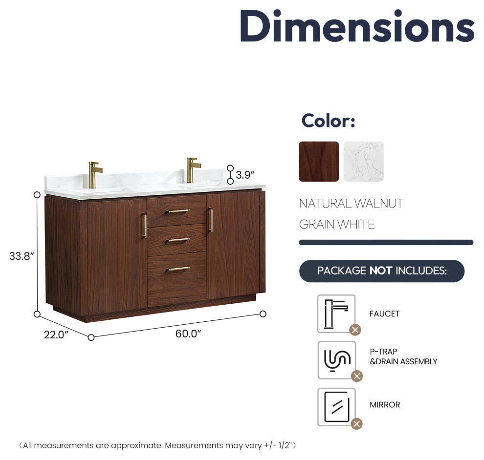 San Bath Vanity with Stone Top, Natural Walnut, 60" Double Sink, Double Vanity, No Mirror