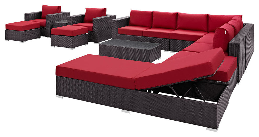 Modway Convene 12 Piece Outdoor Patio Sectional Set, Espresso Red