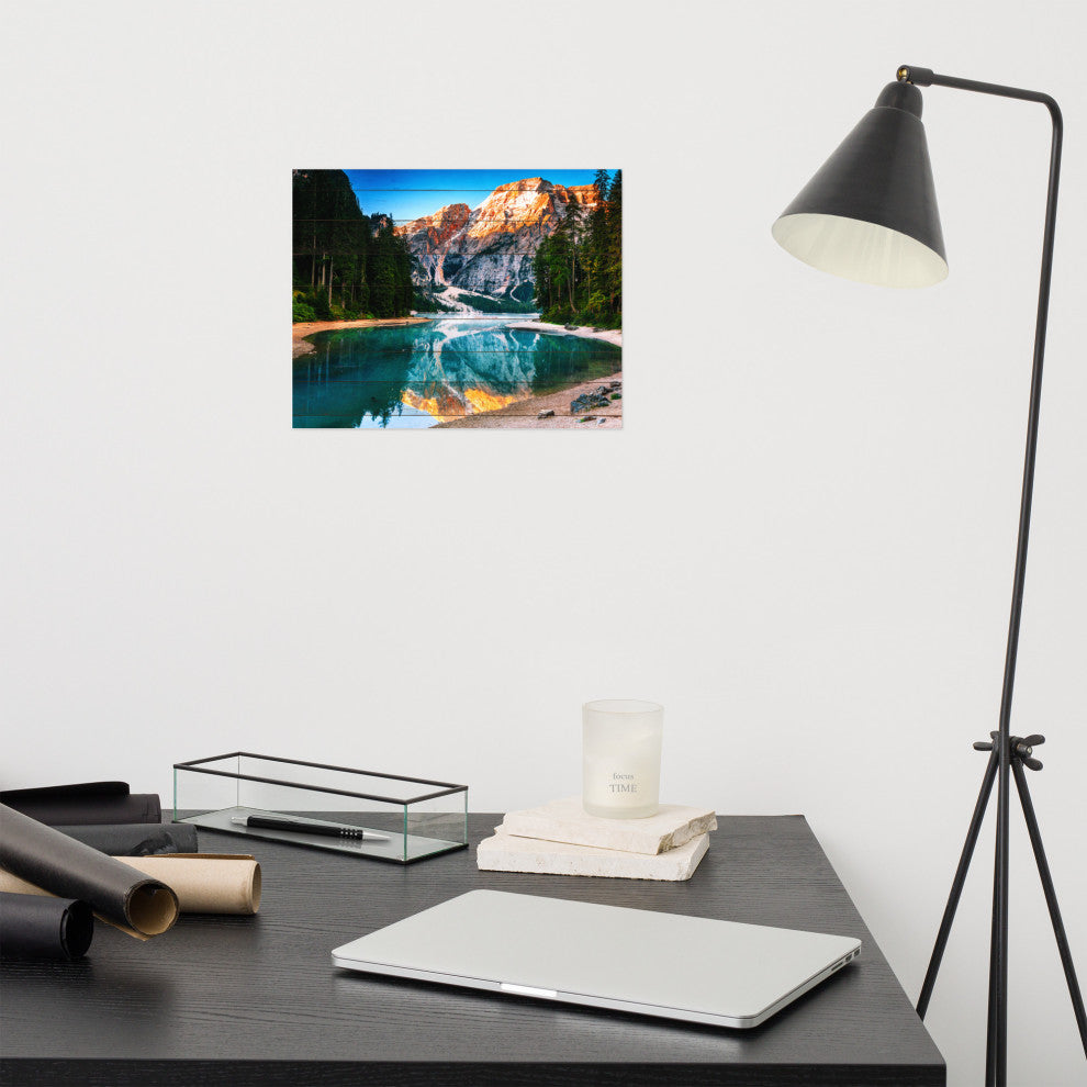 Faux Wood Misty Lake and Snow-cap Mountain Reflections Unframed Wall Art Prints, 11" X 14"