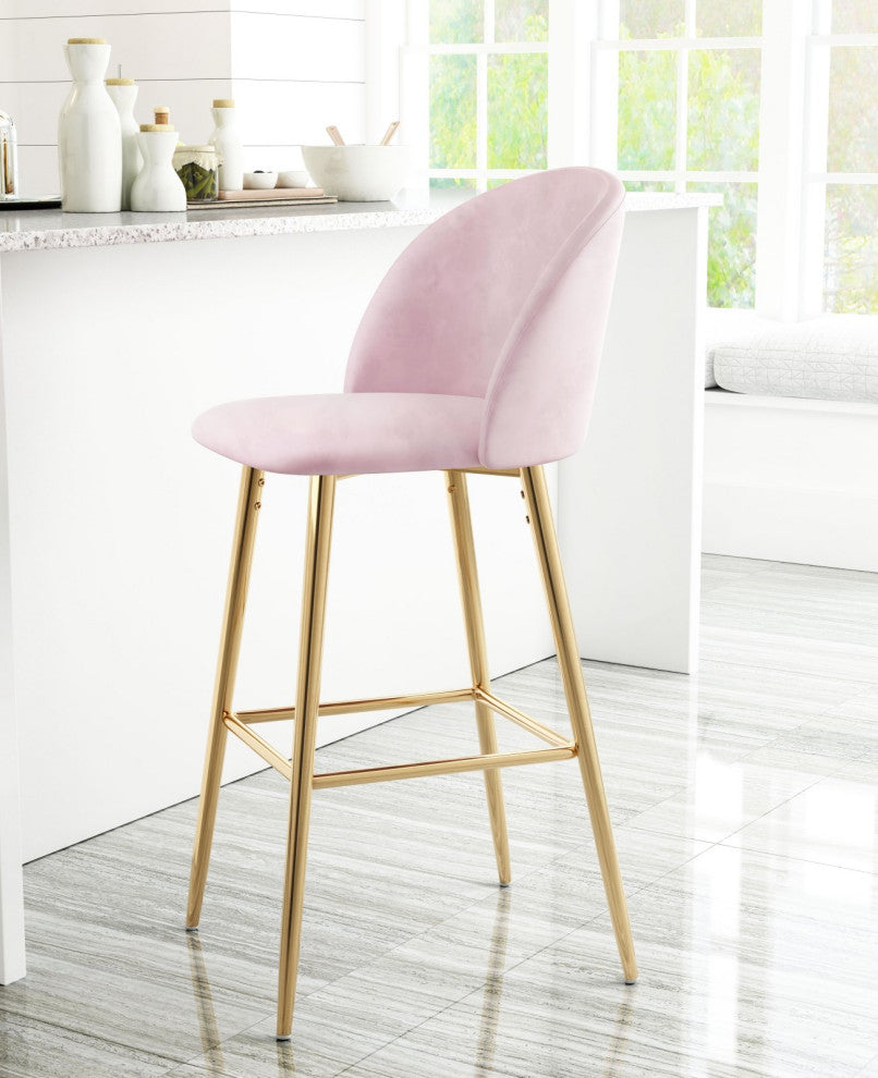 Bar Stool Chair Barstool, Steel Metal, Fabric, Pink, Gold, Kitchen Cafe Bistro