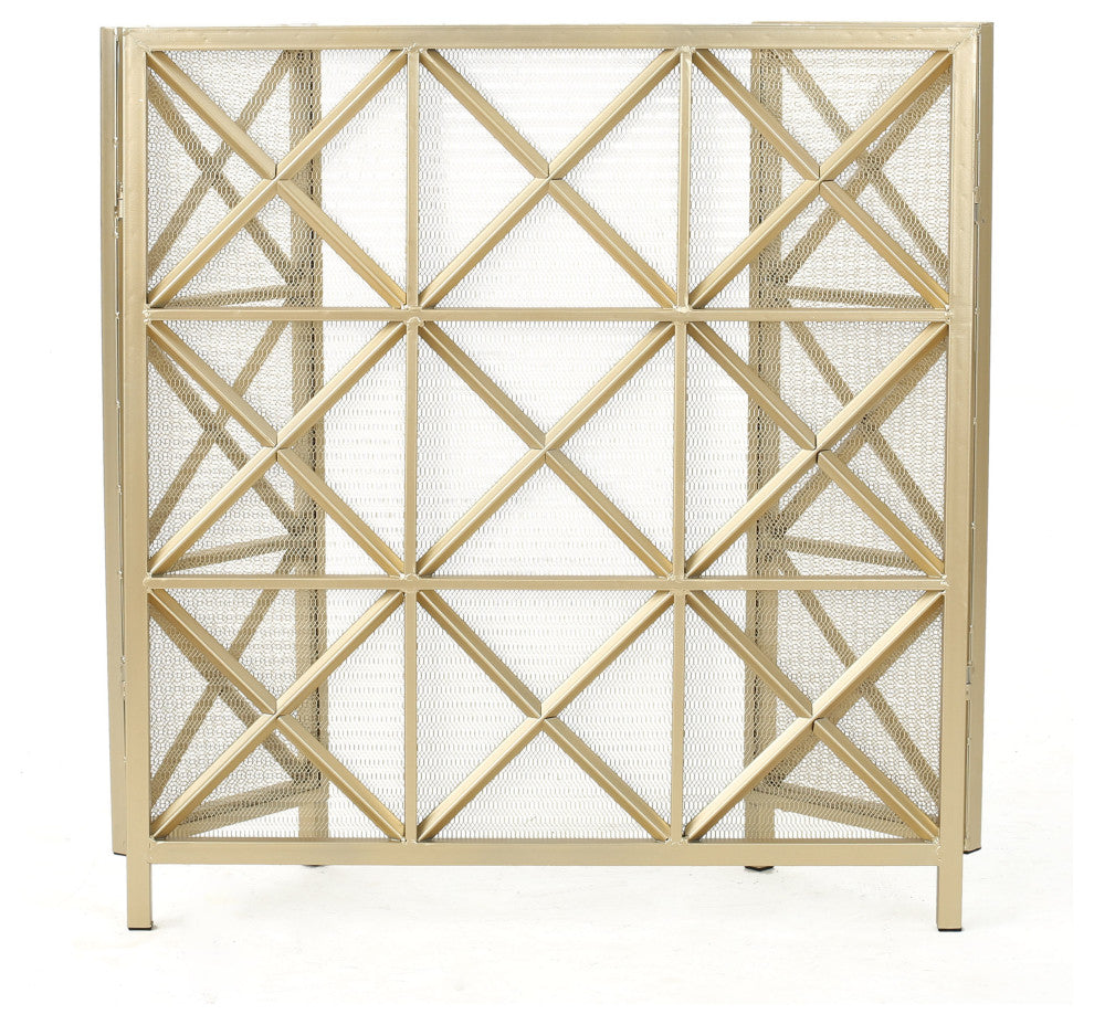 GDF Studio Mandralla 3-Paneled Iron Fireplace Screen, Gold