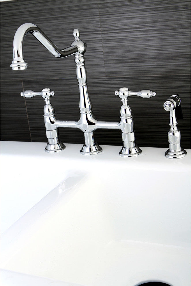 Kingston Brass Bridge Kitchen Faucet With Brass Sprayer, Polished Chrome