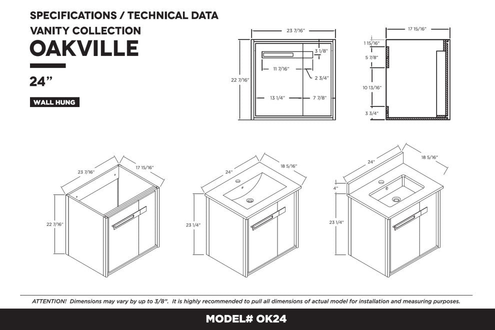 Oakville Wall Mount Bathroom Vanity, Walnut Ebony, 24", Black Hardware