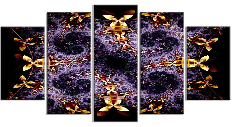Yellow and Violet Fractal Flower, Abstract Wall Art Canvas, 60"x32", 5 Panels