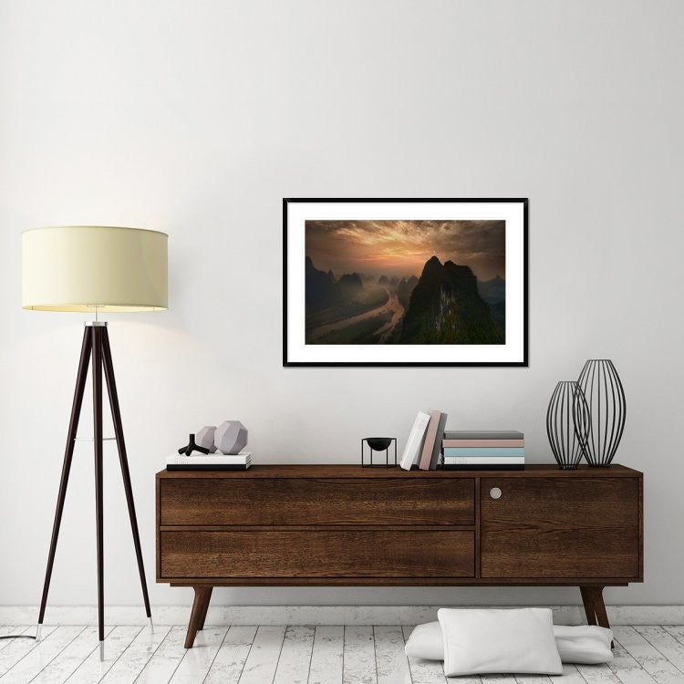 "Dawn At Li River" Framed Digital Print by Mieke Suharini, 44x30"