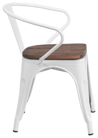 White Metal Chair with Wood Seat and Arms
