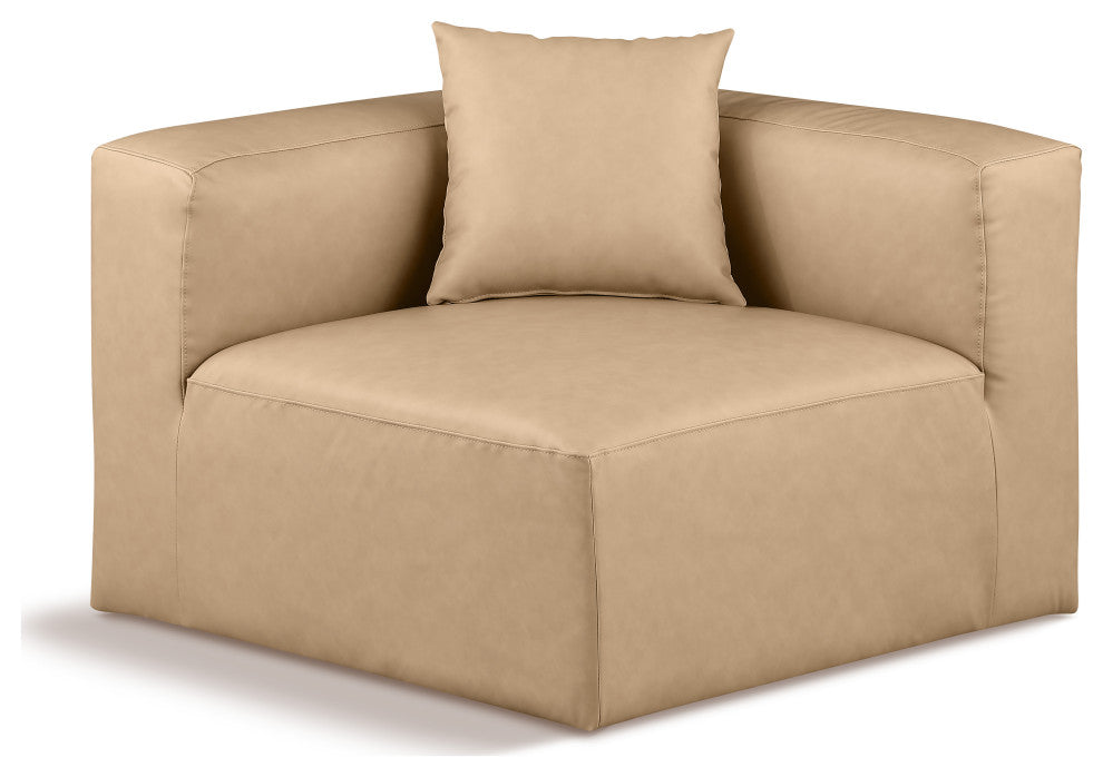 Cube Upholstered Modular Component, Tan, Vegan Leather, Corner Chair
