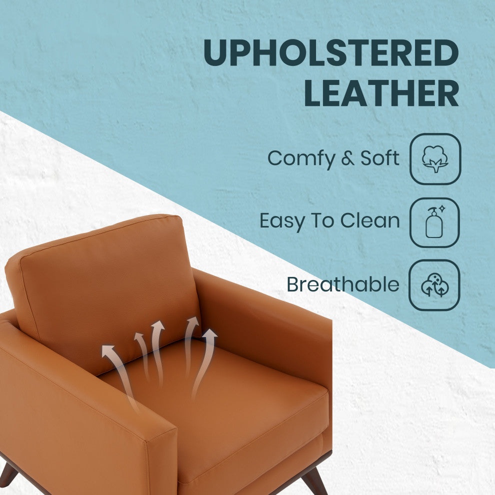 LeisureMod Chester Mid-Century Modern Faux Leather Accent Arm Chair, Cognac Tan