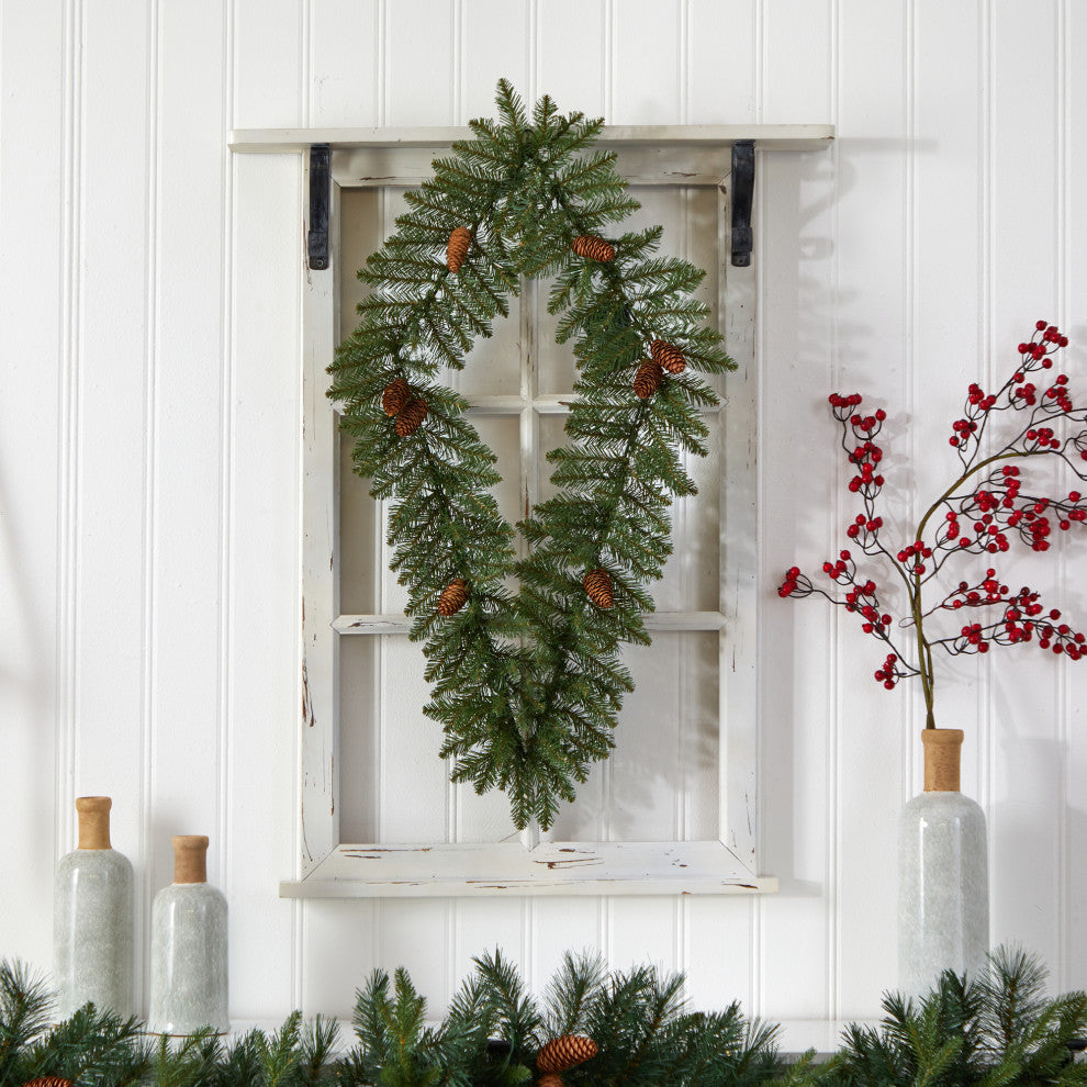 3' Holiday Xmas Geometric Diamond Wreath With Pinecones & Warm White LED Lights