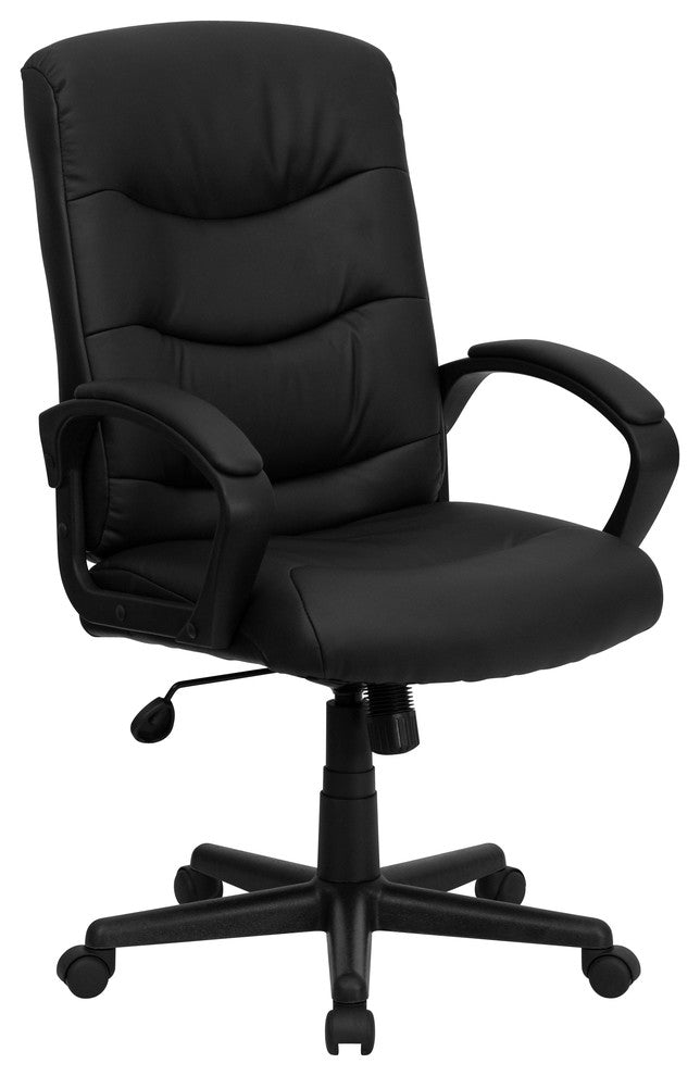 Mid-Back Black Leather Swivel Task Chair With Arms