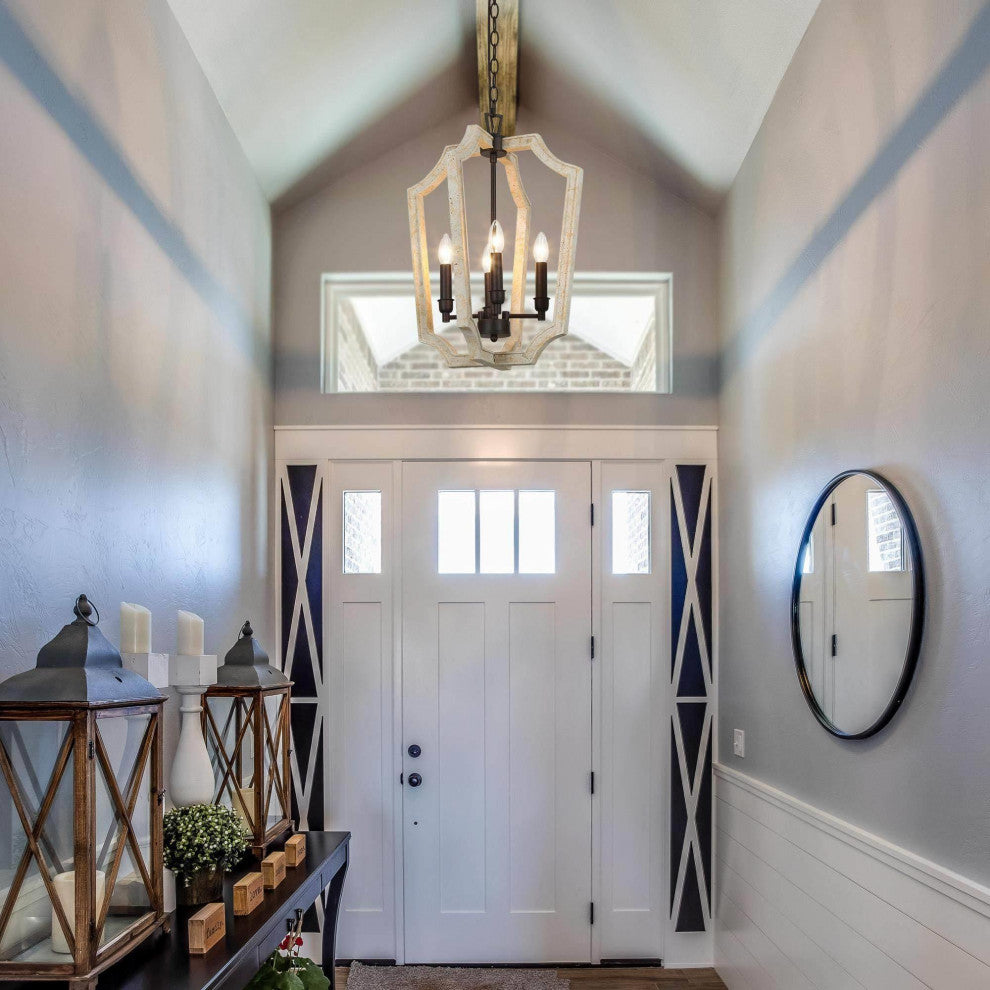 4-Lights Distressde White and Bronze Modern Cage Chandelier