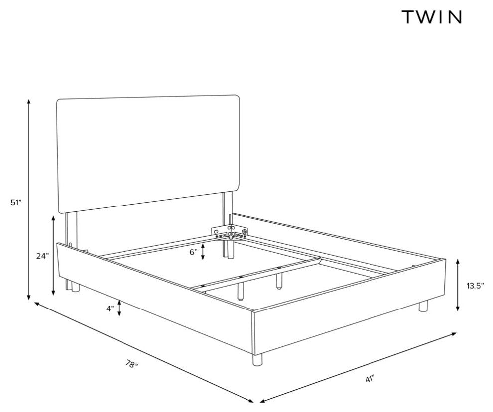 Square Upholstered Bed, Velvet Light Gray, Twin