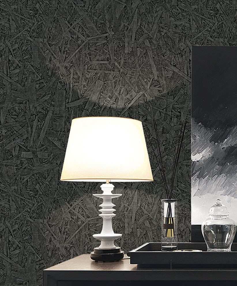 Natural Faux 2, Geometric Stone Wood Rustic Wallpaper, Black, Roll, 21"x33'
