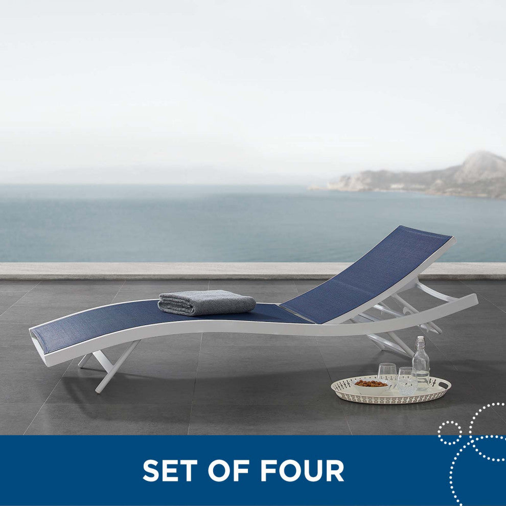 Lounge Chair Chaise, Set of 4, Aluminum, Metal, White Blue Navy, Modern, Outdoor