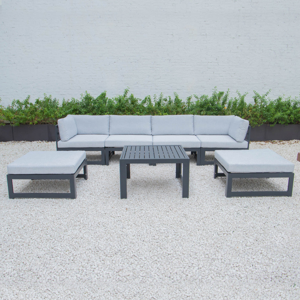 LeisureMod Chelsea 7-Piece Patio Ottoman Sectional With Coffee Table, Light Gray