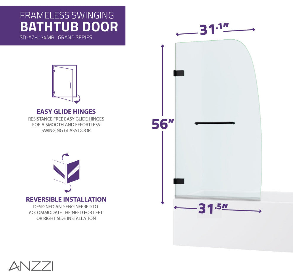 Vensea Series 31.5"x56" Frameless Hinged Tub Door, Matte Black