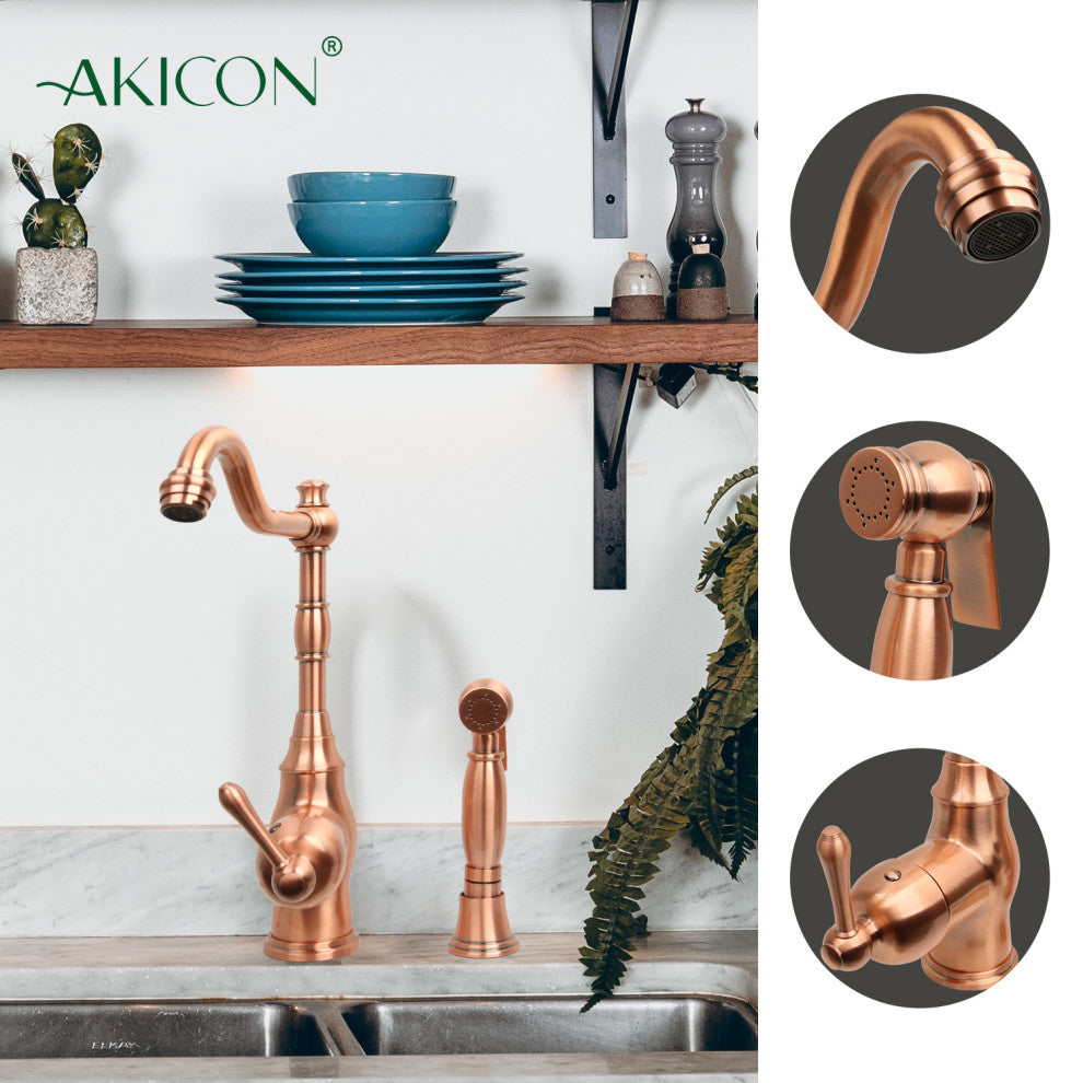 One-Handle Copper Widespread Kitchen Faucet with Side Sprayer, Copper