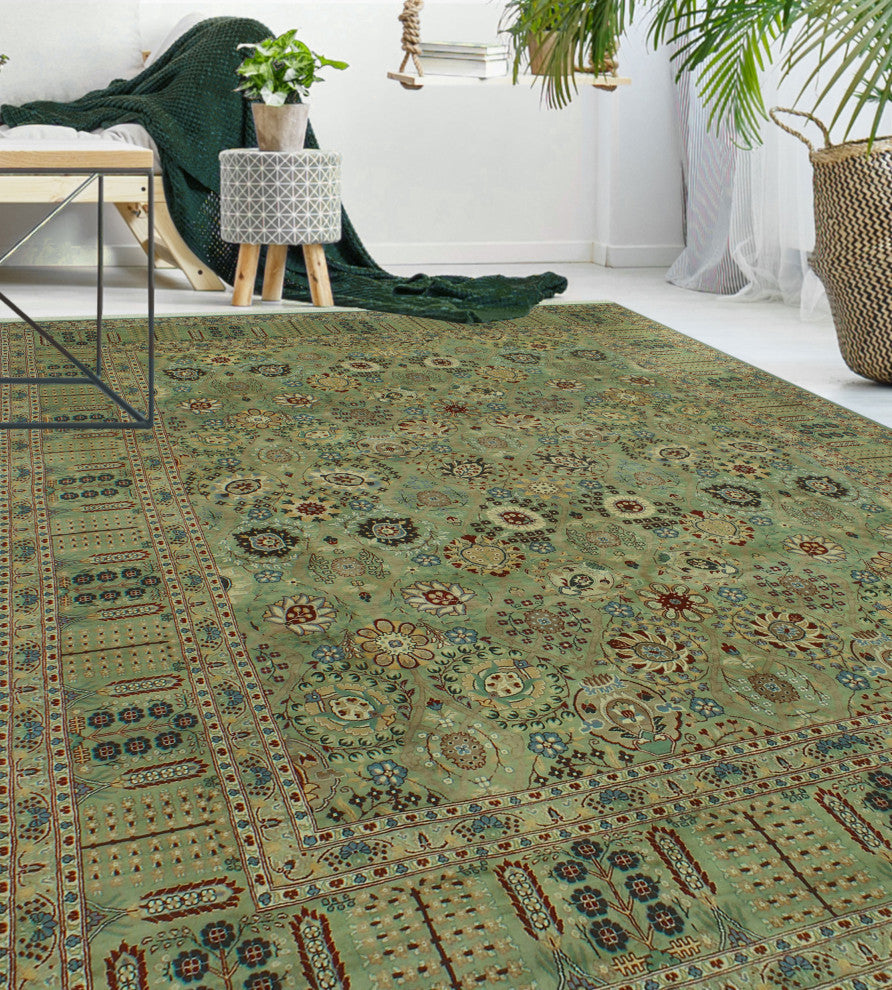 Pak-Persian Merve Green/Black Rug, 8'0x10'3